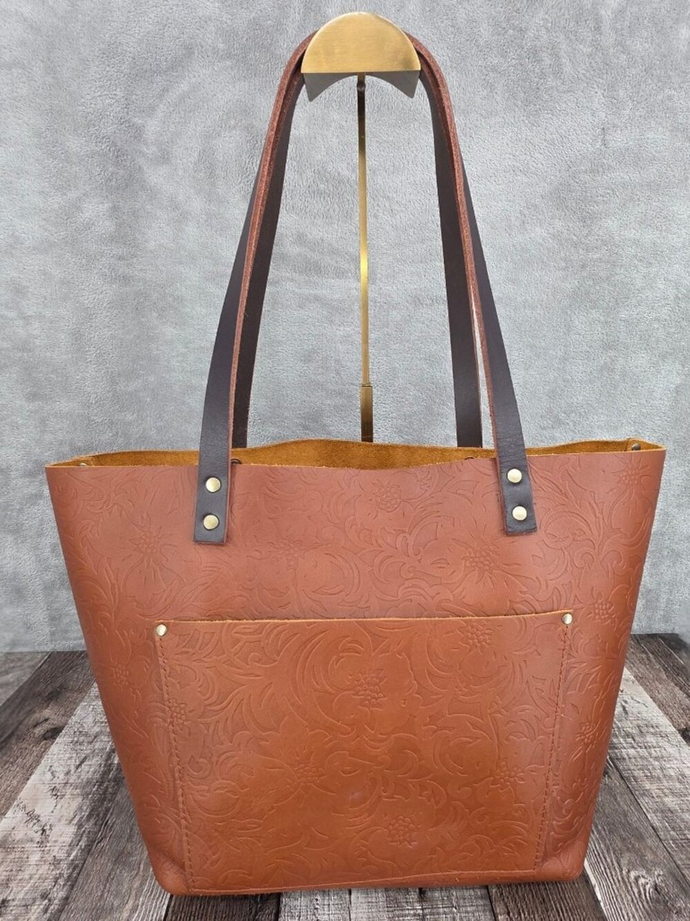 Portland Leather Goods Tooled Leather Tote Bag Meadow Brown Large Embossed Boho